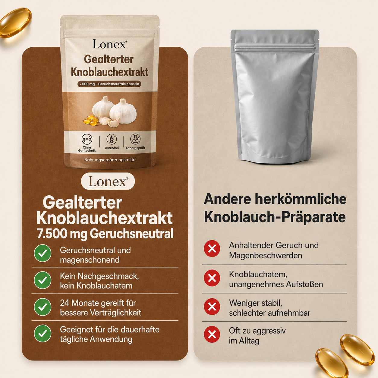 Extrakt aus gereiftem Knoblauch 7500 mg – geruchlose Kapseln