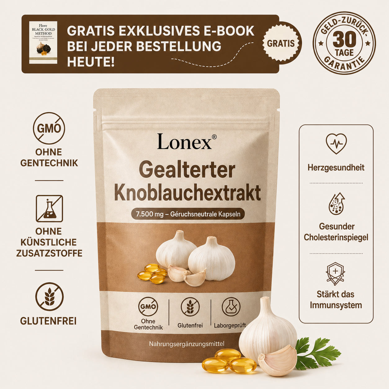 Extrakt aus gereiftem Knoblauch 7500 mg – geruchlose Kapseln