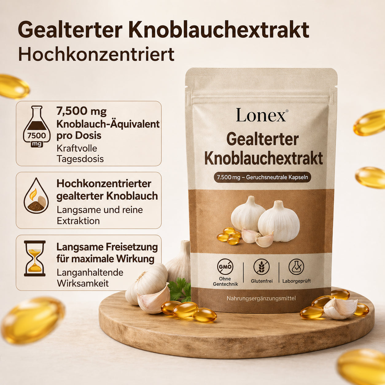 Extrakt aus gereiftem Knoblauch 7500 mg – geruchlose Kapseln