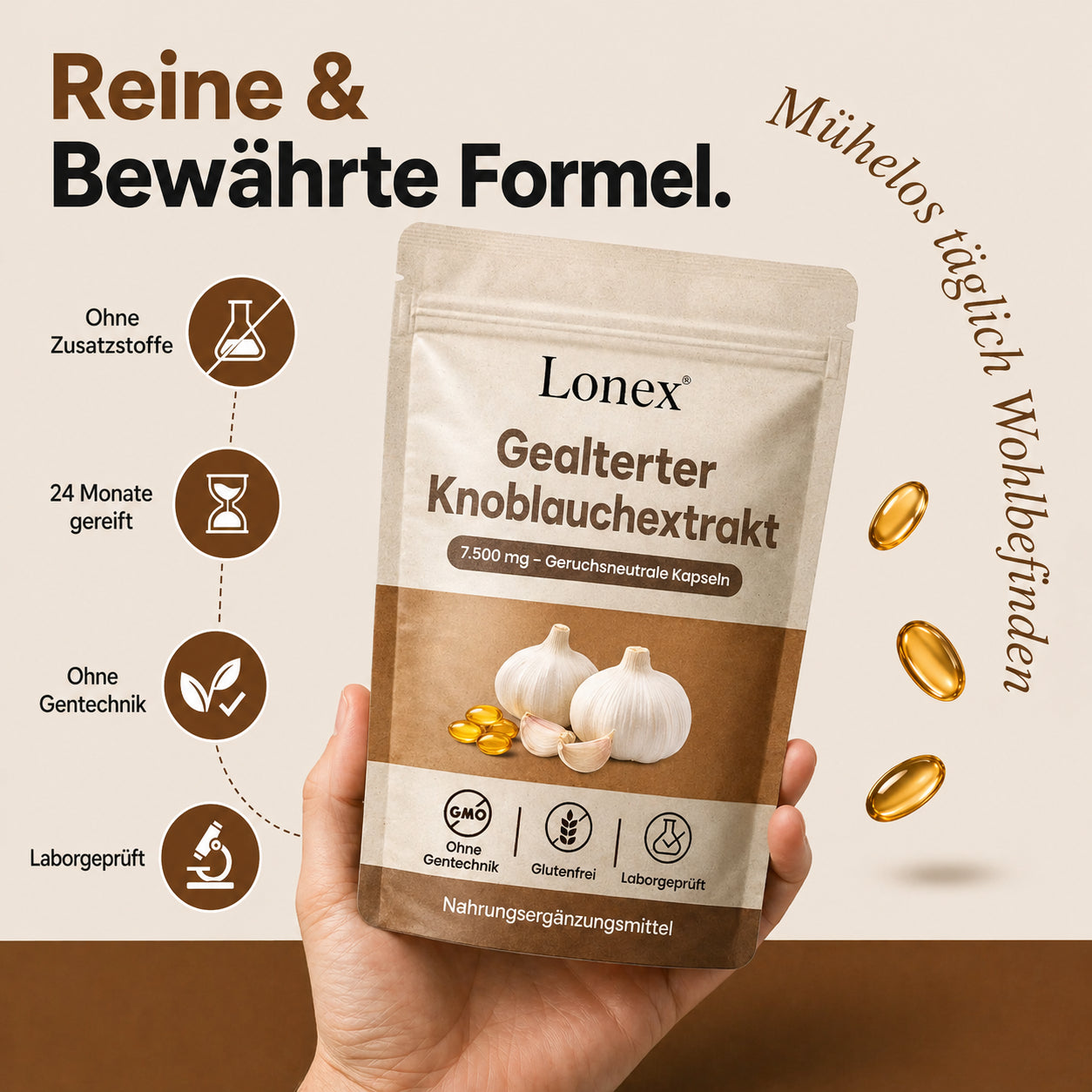 Extrakt aus gereiftem Knoblauch 7500 mg – geruchlose Kapseln