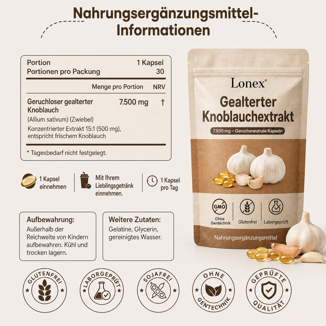 Extrakt aus gereiftem Knoblauch 7500 mg – geruchlose Kapseln