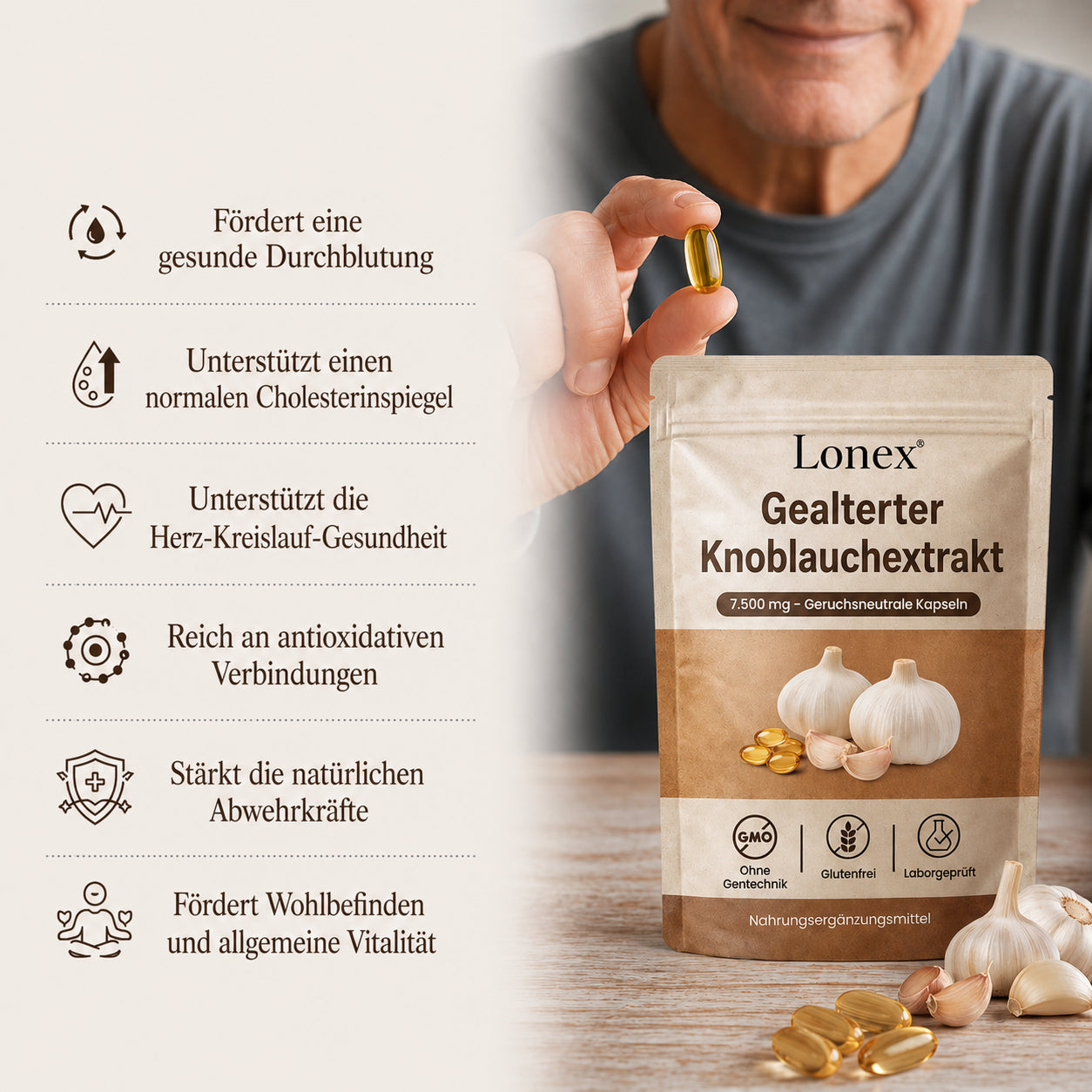 Extrakt aus gereiftem Knoblauch 7500 mg – geruchlose Kapseln